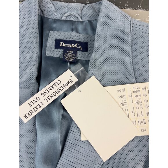 Women’s Denim & Co. Perforated Light Blue Leather Blazer Jacket Size L New W/Tag - Picture 4 of 8